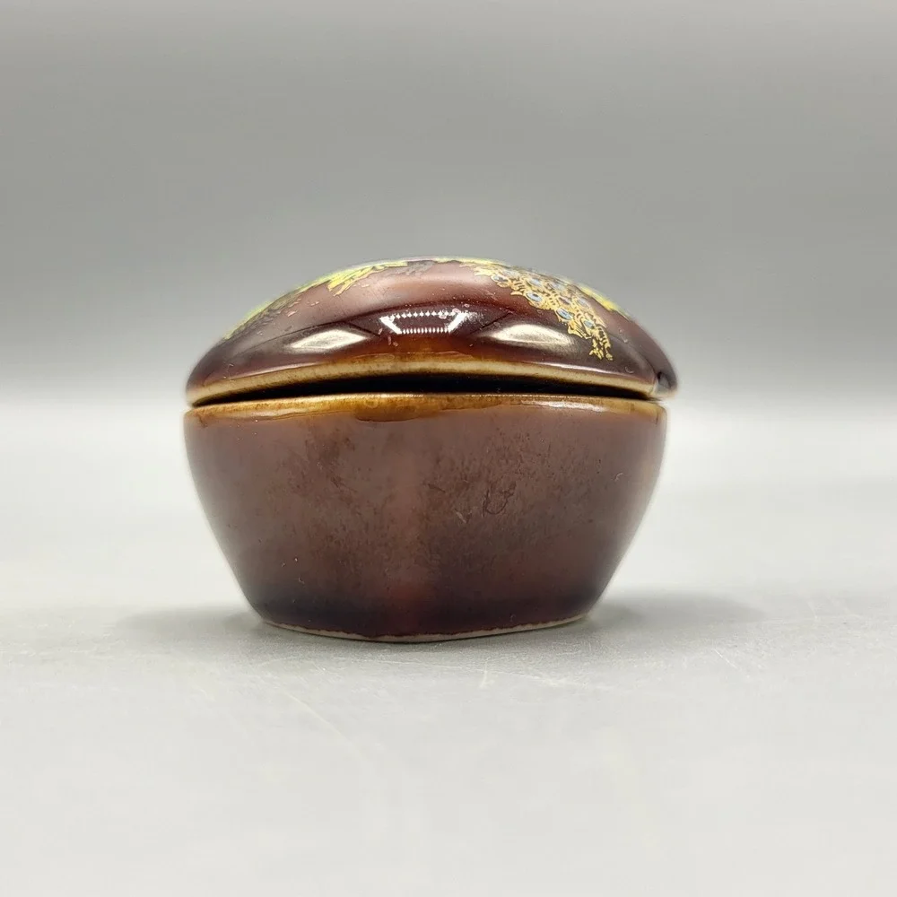 Heart Trinket Box Miniature Peacock Peony Floral Ceramic Brown Shelf Decor